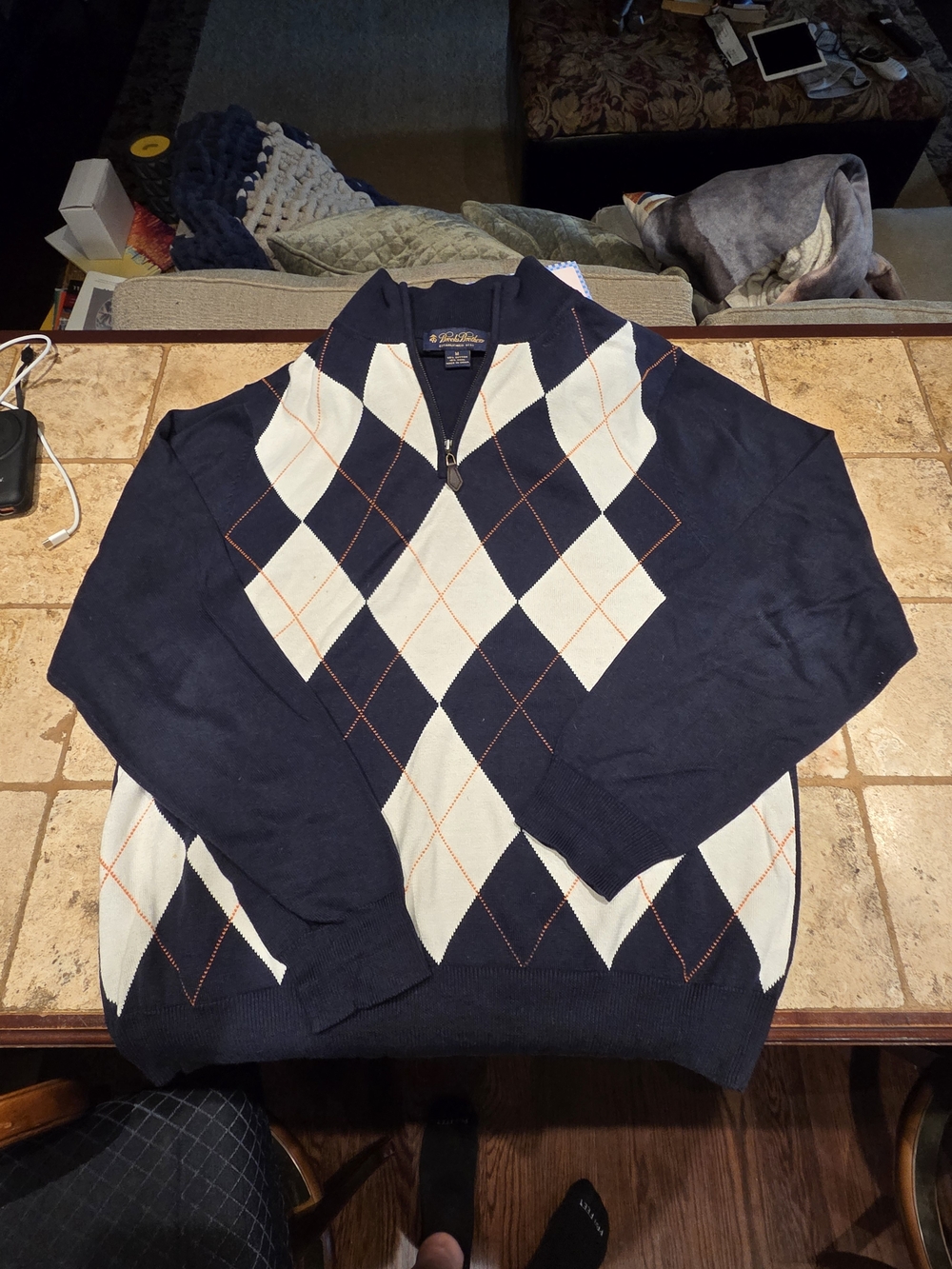 Brooks Brothers Navy and Cream Argyle Half-Zip Sweater